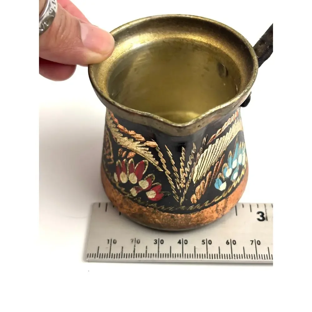Vintage Turkish Hand Painted Copper Coffee Pot Kettle Decor Cezve Wooden Handle‎